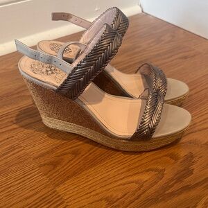 Caparros Metallic Braided Wedge Sandals in Taupe Metallic
